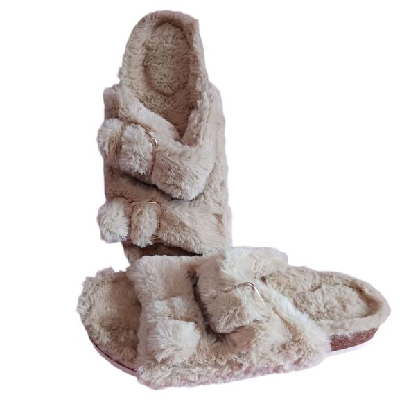 Fitory Faux Fur  Open-Toe Slide Slippers W/ Adjustable Strap Camel Sz 6 - Picture 6 of 8